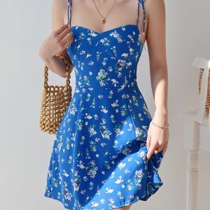 Blue Floral Spaghetti Strap Dress for Women - Summer A-Line Short Skirt with Shoulder Tie - European American Style, Vacation Ready