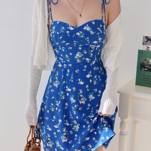 Blue Floral Spaghetti Strap Dress for Women - Summer A-Line Short Skirt with Shoulder Tie - European American Style, Vacation Ready