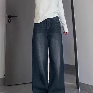 Blue-Gray Vintage High-Waisted Wide-Leg Jeans for Women - Summer Loose Fit Straight-Leg Pants, Versatile Fashion Staple