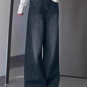 Blue-Gray Vintage High-Waisted Wide-Leg Jeans for Women - Summer Loose Fit Straight-Leg Pants, Versatile Fashion Staple