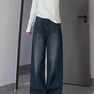 Blue-Gray Vintage High-Waisted Wide-Leg Jeans for Women - Summer Loose Fit Straight-Leg Pants, Versatile Fashion Staple