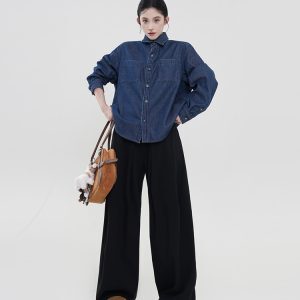 Blue Lapel Fleece Long-Sleeve Denim Shirt Jacket for Women - Winter Korean Style Loose Versatile Warm Top