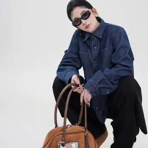 Blue Lapel Fleece Long-Sleeve Denim Shirt Jacket for Women - Winter Korean Style Loose Versatile Warm Top