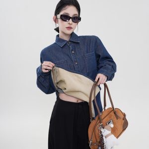 Blue Lapel Fleece Long-Sleeve Denim Shirt Jacket for Women - Winter Korean Style Loose Versatile Warm Top
