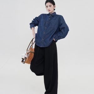 Blue Lapel Fleece Long-Sleeve Denim Shirt Jacket for Women - Winter Korean Style Loose Versatile Warm Top