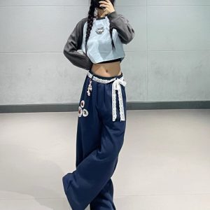 Blue Patchwork Short Sweatshirt for Women - Retro Niche Jazz Dance Top, Autumn & Winter Fashion, Small Size, Y2K Style