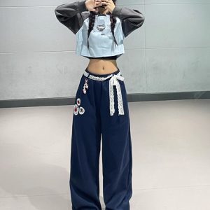 Blue Patchwork Short Sweatshirt for Women - Retro Niche Jazz Dance Top, Autumn & Winter Fashion, Small Size, Y2K Style