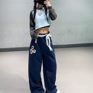 Blue Patchwork Short Sweatshirt for Women - Retro Niche Jazz Dance Top, Autumn & Winter Fashion, Small Size, Y2K Style