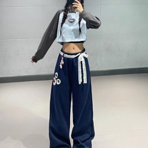 Blue Patchwork Short Sweatshirt for Women - Retro Niche Jazz Dance Top, Autumn & Winter Fashion, Small Size, Y2K Style