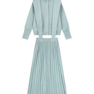 Blue Round Neck Long Sleeve Knitted Cardigan Set for Women - Autumn Winter Loose Slimming Sweater Top in Cozy Lazy Style