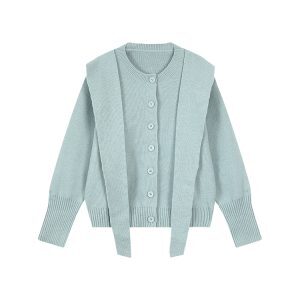 Blue Round Neck Long Sleeve Knitted Cardigan Set for Women - Autumn Winter Loose Slimming Sweater Top in Cozy Lazy Style