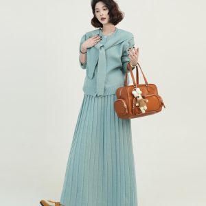 Blue Round Neck Long Sleeve Knitted Cardigan Set for Women - Autumn Winter Loose Slimming Sweater Top in Cozy Lazy Style