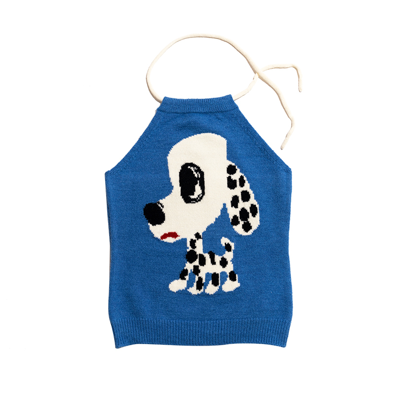 Blue Spotted Dog Neck Hanging Knitted Backless Tank Top - 2024 Autumn/Winter Fashion, Y2K Style