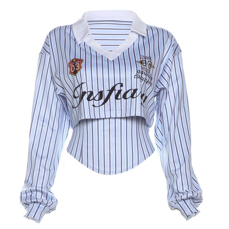 Blue Striped Layered Two-Piece Dance Outfit with Navy Jazz Casual Sports Pants - Trendy Spicy Girl Style for 90s and Y2K Fashion