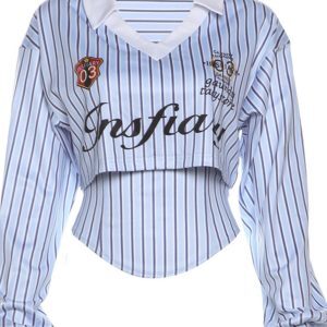 Blue Striped Layered Two-Piece Dance Outfit with Navy Jazz Casual Sports Pants - Trendy Spicy Girl Style for 90s and Y2K Fashion