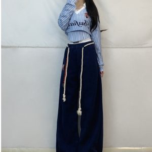 Blue Striped Layered Two-Piece Dance Outfit with Navy Jazz Casual Sports Pants - Trendy Spicy Girl Style for 90s and Y2K Fashion