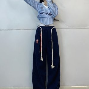 Blue Striped Layered Two-Piece Dance Outfit with Navy Jazz Casual Sports Pants - Trendy Spicy Girl Style for 90s and Y2K Fashion