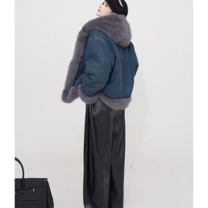 Blue Thickened Fluffy Reversible Denim Jacket for Women - Winter Korean Style Loose Hooded Warm Top