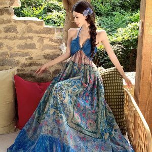 Blue Vintage Ethnic Print Color-Blocked Strapless Halter Long Skirt Vacation Dress - Boho 90s Y2K Style