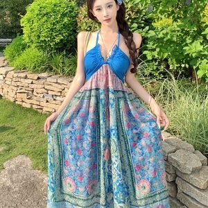 Blue Vintage Ethnic Print Color-Blocked Strapless Halter Long Skirt Vacation Dress - Boho 90s Y2K Style