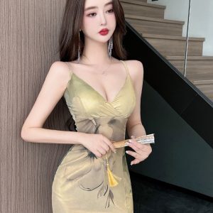 Bodycon Camisole Dress with Deep V Low-Cut and Printed Design - Sexy Slim Fit Nightclub Dress for Women - Summer Style