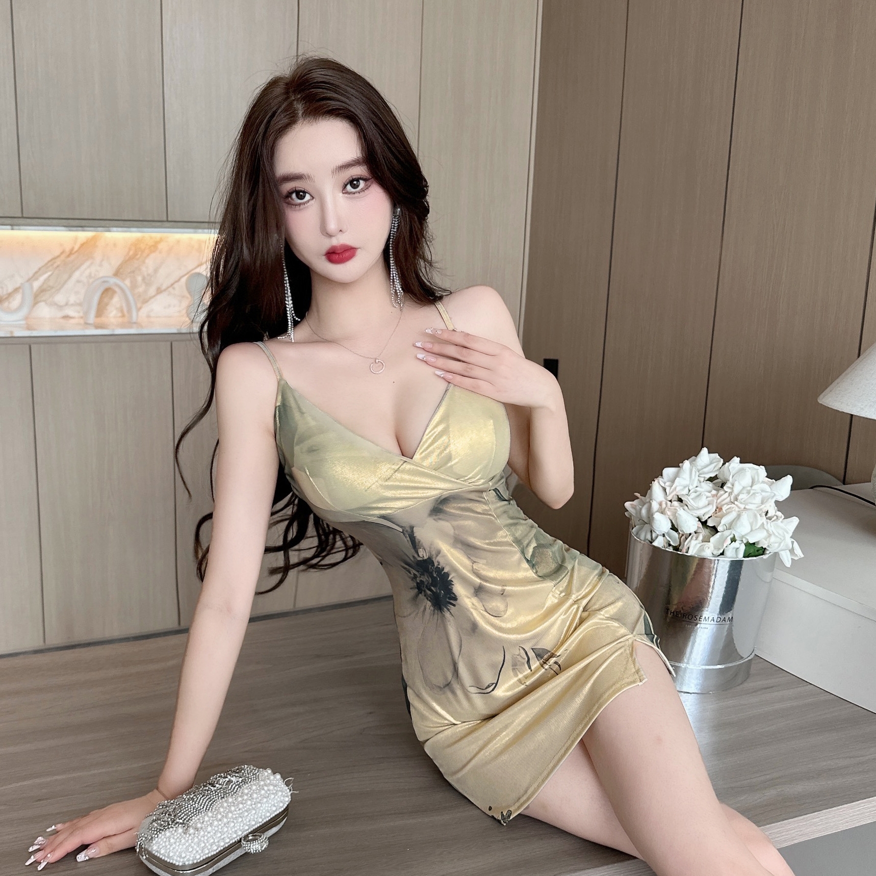 Bodycon Camisole Dress with Deep V Low-Cut and Printed Design - Sexy Slim Fit Nightclub Dress for Women - Summer Style