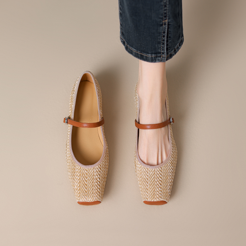 Bohemian French Vintage One-Strap Mary Jane Shoes – Woven Height-Increasing Square-Toe Flats for Chic Style