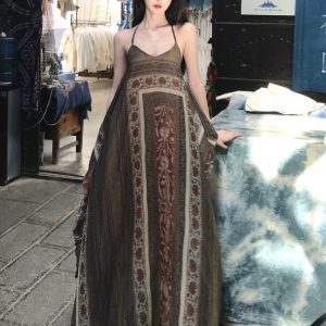 Bohemian Printed Camisole Dress for Women - Ethnic Style Swing Dress for Vacation, Yunnan Xishuangbanna & Xinjiang Tibet Inspired