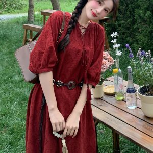 Bohemian Red Dress for Women - Summer 2025 Waist-Cinching Ethnic Style Long Skirt for Vacation, Unique and Stunning Design