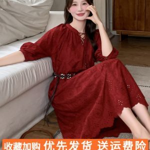 Bohemian Red Dress for Women - Summer 2025 Waist-Cinching Ethnic Style Long Skirt for Vacation, Unique and Stunning Design