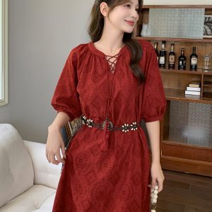 Bohemian Red Dress for Women - Summer 2025 Waist-Cinching Ethnic Style Long Skirt for Vacation, Unique and Stunning Design