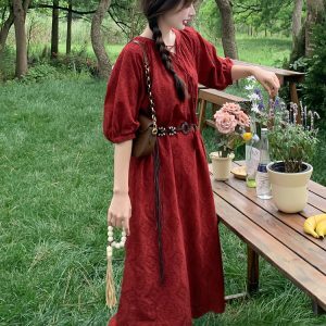 Bohemian Red Dress for Women - Summer 2025 Waist-Cinching Ethnic Style Long Skirt for Vacation, Unique and Stunning Design