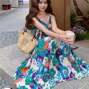 Bohemian Sleeveless Printed Chiffon Camisole Dress for Women - Relaxed Summer Vacation Long Dress