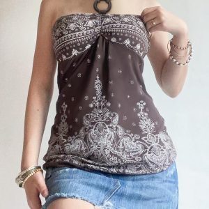 Bohemian Vintage Printed Beaded Neck Halter Top Women's Off-Shoulder Ruffled Camisole - Y2K Festival Style