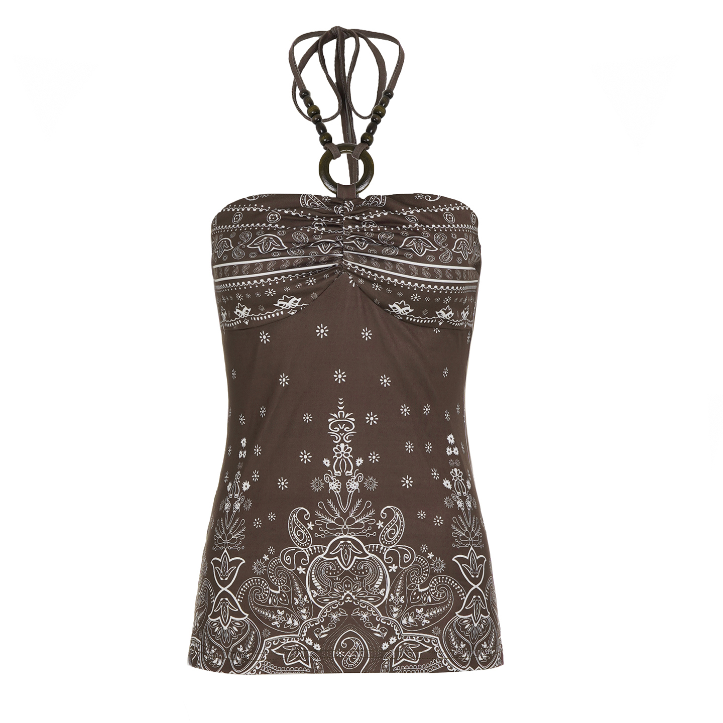 Bohemian Vintage Printed Beaded Neck Halter Top Women's Off-Shoulder Ruffled Camisole - Y2K Festival Style