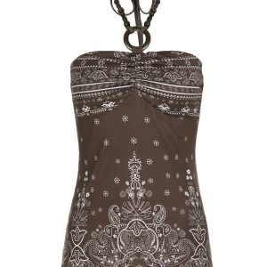 Bohemian Vintage Printed Beaded Neck Halter Top Women's Off-Shoulder Ruffled Camisole - Y2K Festival Style