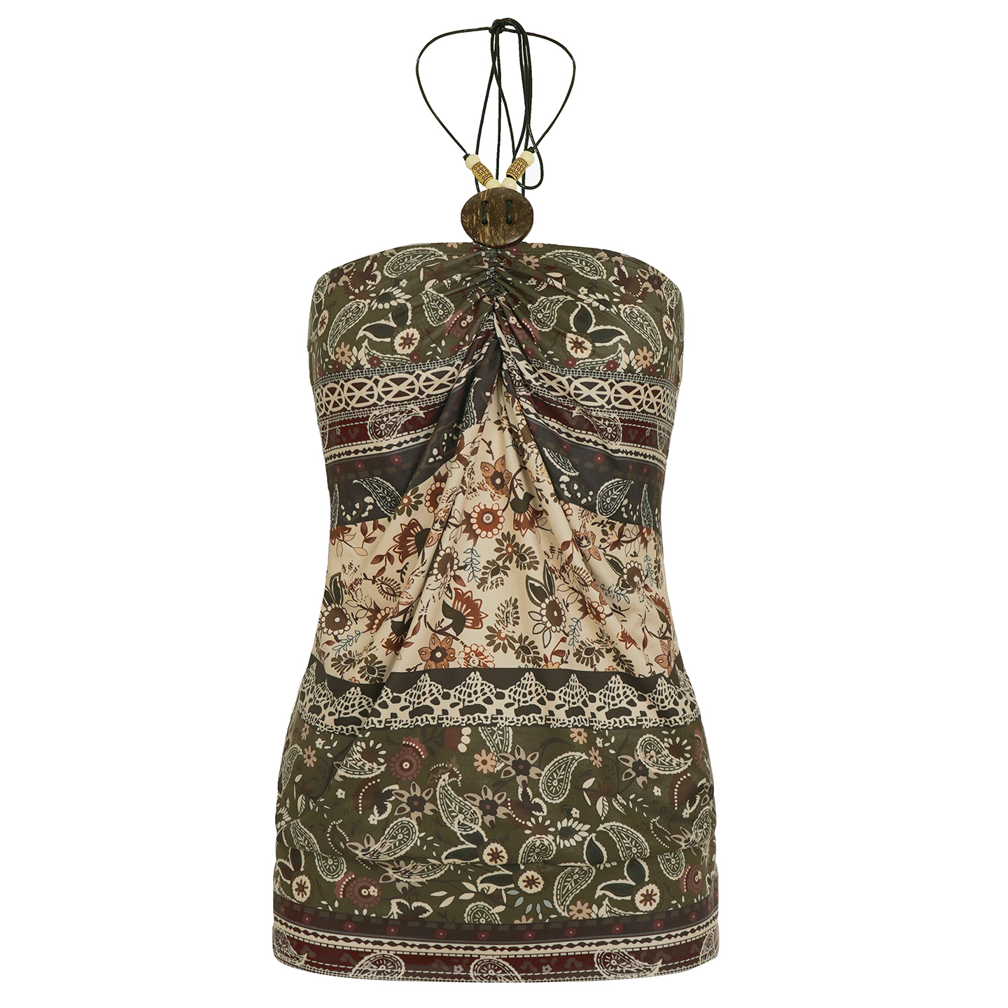 Bohemian Vintage Printed Beaded Neck Hanging Vest Top - Tribal Ethnic Style Short Sleeveless Top