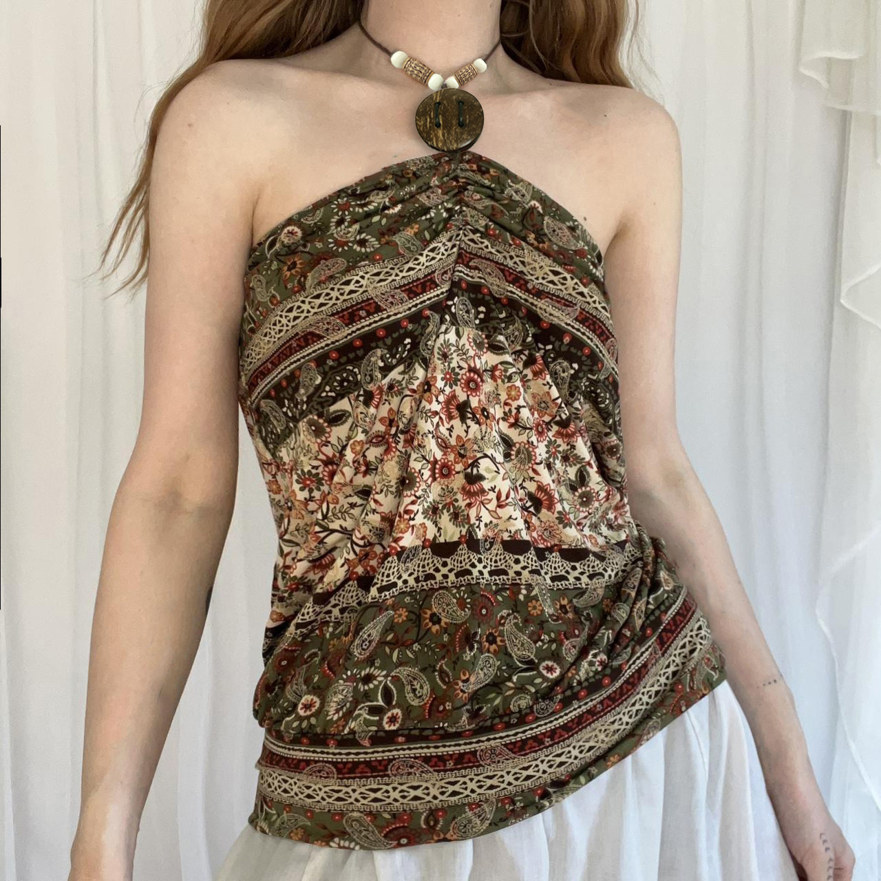 Bohemian Vintage Printed Beaded Neck Hanging Vest Top - Tribal Ethnic Style Short Sleeveless Top