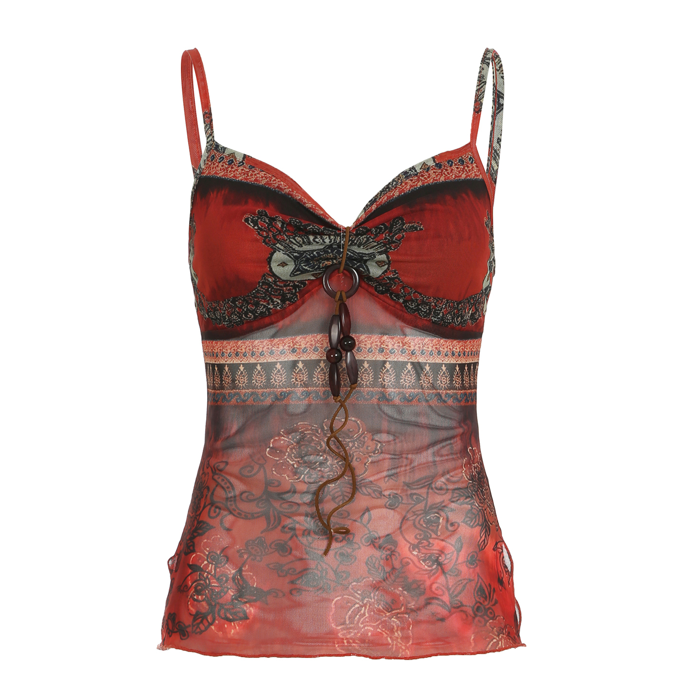 Bohemian Vintage Printed Beaded Vest for Women - Fashionable Color-Blocking Mesh Camisole, Versatile Y2K Style Top