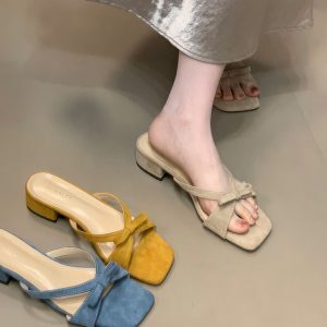 Bowknot Slip-On Sandals, 2025 French Square-Toe Chunky Heel Evening Shoes for Women, Stylish Cool Slippers