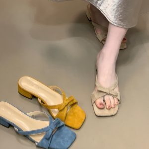 Bowknot Slip-On Sandals, 2025 French Square-Toe Chunky Heel Evening Shoes for Women, Stylish Cool Slippers