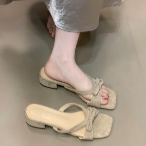 Bowknot Slip-On Sandals, 2025 French Square-Toe Chunky Heel Evening Shoes for Women, Stylish Cool Slippers