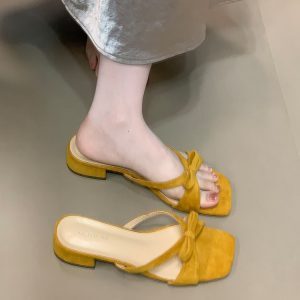 Bowknot Slip-On Sandals, 2025 French Square-Toe Chunky Heel Evening Shoes for Women, Stylish Cool Slippers