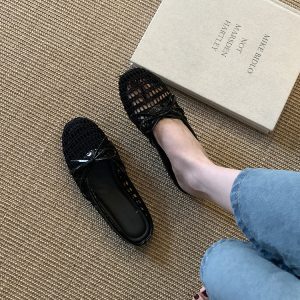 Breathable Hollow-Out Open-Toe Half Slippers for Women - Spring Summer Beach Sandals with French Bow Flats