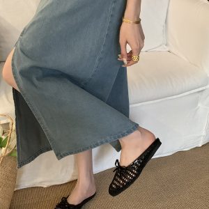 Breathable Hollow-Out Open-Toe Half Slippers for Women - Spring Summer Beach Sandals with French Bow Flats