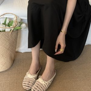 Breathable Hollow-Out Open-Toe Half Slippers for Women - Spring Summer Beach Sandals with French Bow Flats