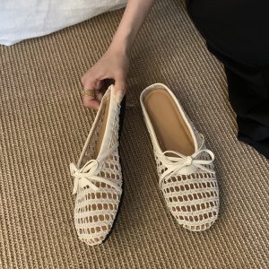 Breathable Hollow-Out Open-Toe Half Slippers for Women - Spring Summer Beach Sandals with French Bow Flats