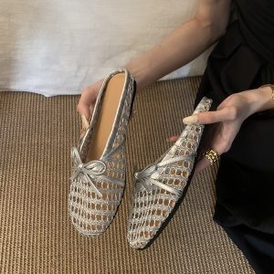Breathable Hollow-Out Open-Toe Half Slippers for Women - Spring Summer Beach Sandals with French Bow Flats