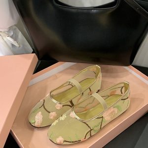 Breathable Mesh Mary Jane Shoes for Women - Golden Chinese-Style Bow Ballet Flats, Perfect for Early Spring Fashion