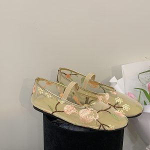 Breathable Mesh Mary Jane Shoes for Women - Golden Chinese-Style Bow Ballet Flats, Perfect for Early Spring Fashion